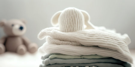 Stack of folded wool knitted baby clothes and accessories. Generative AIの素材