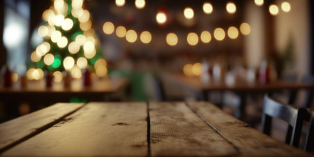 A wooden table topped with candles and christmas lights. Winter holiday background. Generative AIの素材