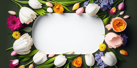 Empty frame surrounded by colorful spring flowers. Generative AI.の素材