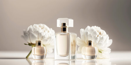 Tender stylish perfume composition, bottle of perfume and flowers, pinkish illustration. Generative AIの素材