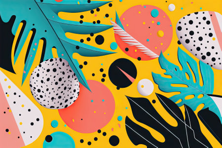 Playful tropical illustration with leaves and fruits, flat style. Generative AIの素材