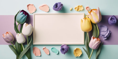 Empty frame surrounded by colorful spring flowers. Generative AI.の素材