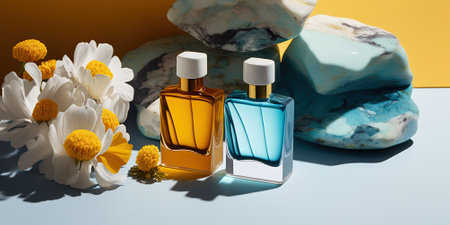 Bold trendy sunny summer transparent glass perfume bottles, stylish parfumerie banner. Generative AI.の素材
