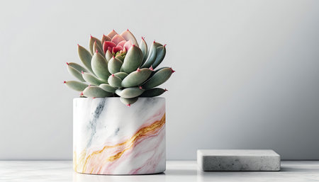 Echeveria Succulent in a pot on white marble background. Stylish and simple plants for modern desk. Generative AIの素材