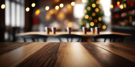 A wooden table topped with christmas tree and christmas lights. Winter holiday background. Generative AIの素材