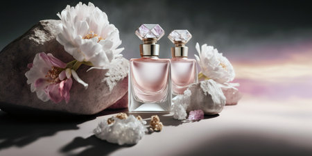 Tender stylish perfume composition, bottle of perfume and flowers, pinkish illustration. Generative AIの素材