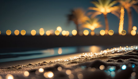 Sandy beach illuminated by many festive lights. Generative AIの素材