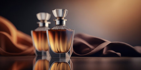 Warm and sensual fragrance perfume bottles. Art composition still life. Stylish perfume banner. Generative AI.の素材