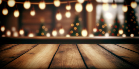A wooden table topped with candles and christmas lights. Winter holiday background. Generative AIの素材