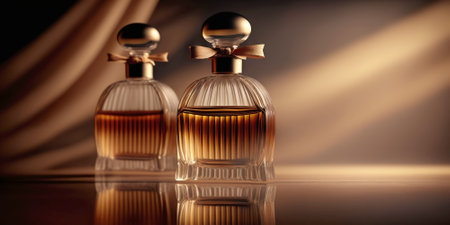 Warm and sensual fragrance perfume bottles. Art composition still life. Stylish perfume banner. Generative AI.の素材