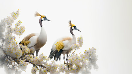 Pair of red crowned cranes on light blurred background. Generative AI.の素材