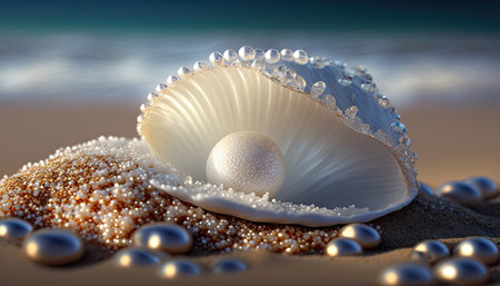 Beautiful pearl shells on a sandy beach. Generative AIの素材