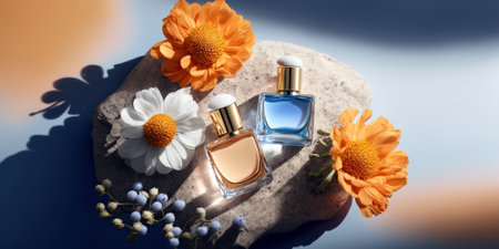 Bold trendy sunny summer transparent glass perfume bottles, stylish parfumerie banner. Generative AI.の素材