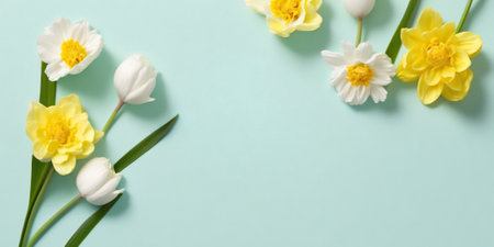 Empty frame surrounded by colorful spring flowers. Generative AI.の素材
