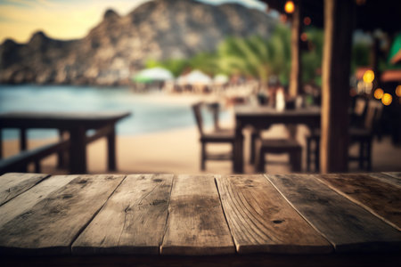 Tropical beach bar blurred, wooden table. ocean view. Generative AIの素材