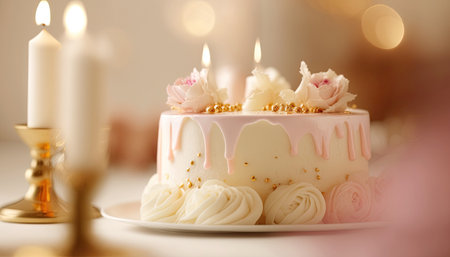 Rose and white color cake, dessert for birthday, wedding. Generative AIの素材