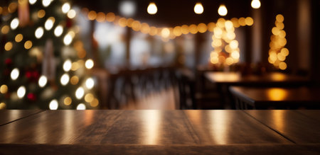A wooden table topped with candles and christmas lights. Winter holiday background. Generative AIの素材