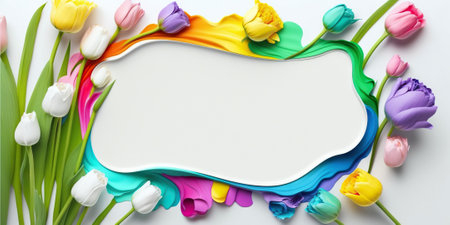 Empty frame surrounded by colorful spring flowers. Generative AI.の素材