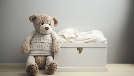 Cute teddy bear and box with knitted baby clothes. Generative AIの素材