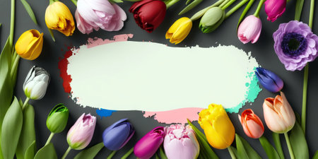 Empty frame surrounded by colorful spring flowers. Generative AI.の素材