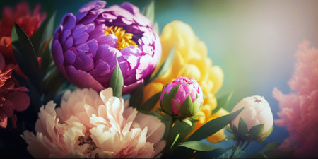 Beautiful bouquet of peonies on a blue background. selective focus.の素材