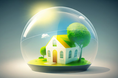 Cute little house in 3D style under transparent dome. Generative AIの素材