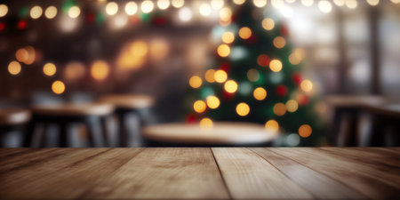 A wooden table topped with christmas tree and christmas lights. Winter holiday background. Generative AIの素材