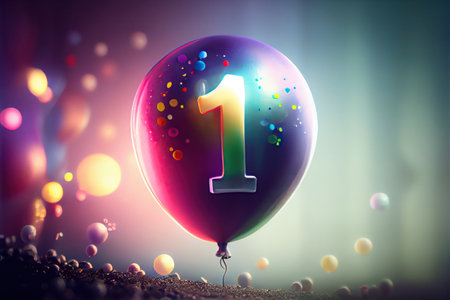 Inflatable balloon with number 1 is flying on blurred background. Birthday celebration. Generative AI.の素材