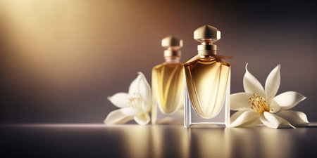 Warm and sensual fragrance perfume bottles. Art composition still life. Stylish perfume banner. Generative AI.の素材