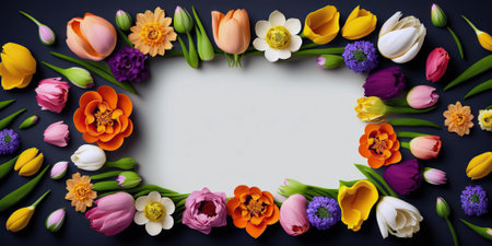 Empty frame surrounded by colorful spring flowers. Generative AI.の素材