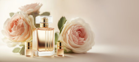 Tender stylish perfume composition, bottle of perfume and flowers, pinkish illustration. Generative AIの素材