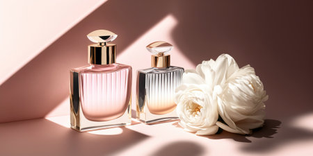 Tender stylish perfume composition, bottle of perfume and flowers, pinkish illustration. Generative AIの素材