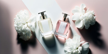 Fresh spring romantic image, stylish transparent glass perfume bottles. Stylish perfume banner. Generative AI.の素材