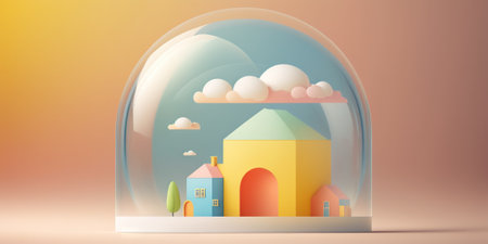 Cute little house in 3D style under transparent dome. Generative AIの素材