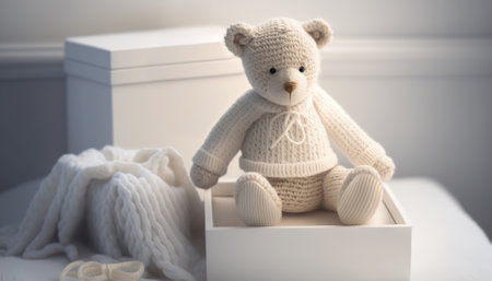 Cute teddy bear and box with knitted baby clothes. Generative AIの素材