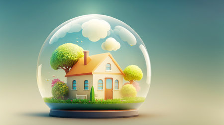 Cute little house in 3D style under transparent dome. Generative AIの素材