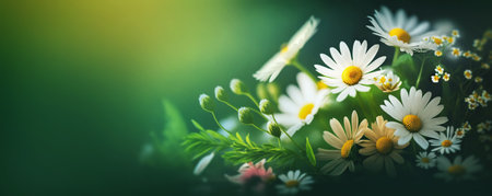 Beautiful camomile flowers on a green background. floral backgroundの素材