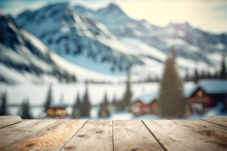 Blurred mountains background, sunny day, wooden table. Generative AIの素材