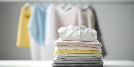 Stack of folded baby clothes and accessories. Generative AIの素材