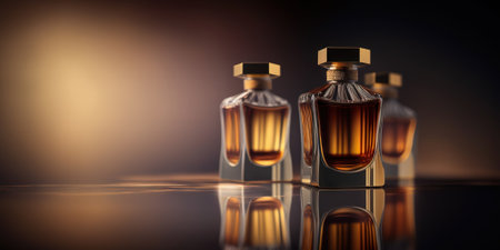 Warm and sensual fragrance perfume bottles. Art composition still life. Stylish perfume banner. Generative AI.の素材