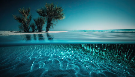 Mystically illuminated blue sandy beach. generative AIの素材