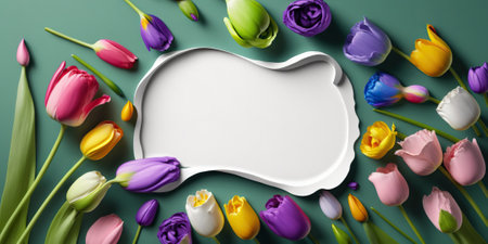 Empty frame surrounded by colorful spring flowers. Generative AI.の素材