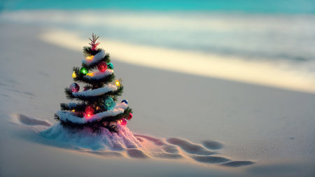 Concept of celebrating New Year on tropical resort by the sea. Little pine tree in sand. Generative AIの素材