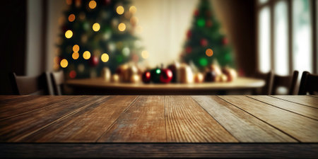 A wooden table topped with christmas tree and christmas lights. Winter holiday background. Generative AIの素材
