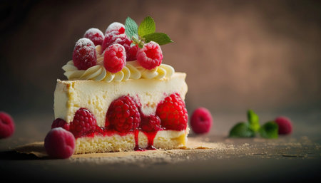 Piece of raspberry cake, delicious slice with berries. Generative AIの素材