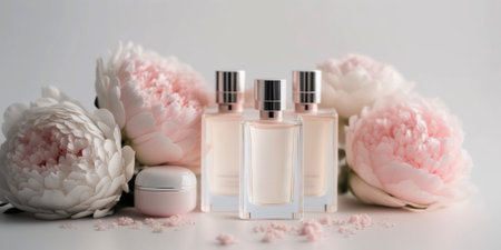 Tender stylish perfume composition, bottle of perfume and flowers, pinkish illustration. Generative AIの素材