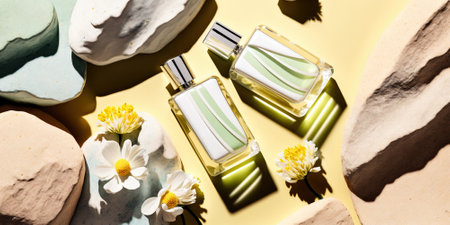 Fresh spring romantic image, stylish transparent glass perfume bottles. Stylish perfume banner. Generative AI.の素材