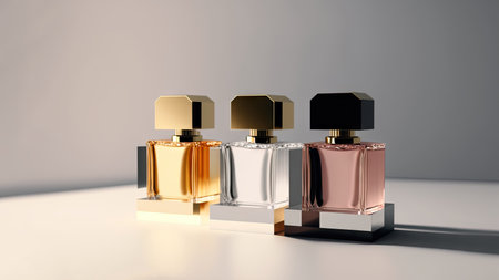 Collection of transparent multi color glass perfume bottles on a light background. Art composition still life. Stylish perfume banner. Generative AI.の素材