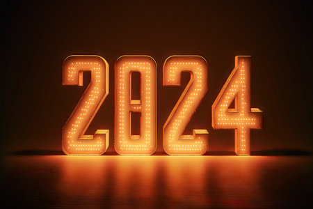 New Year 2024 celebration font. Yellow glow style. Generative AIの素材