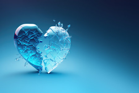 Heart made of ice broken into two parts, blue background. Generative AIの素材